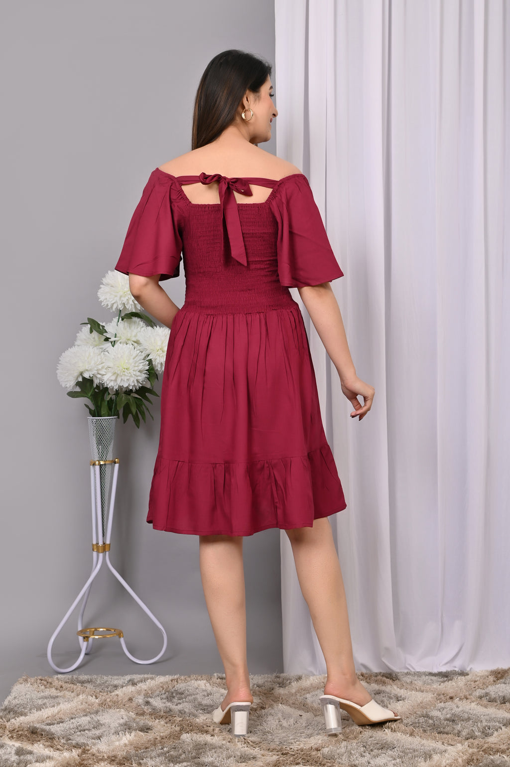 Elegant Off-Shoulder Smocked Dress – Chic & Flowy Midi