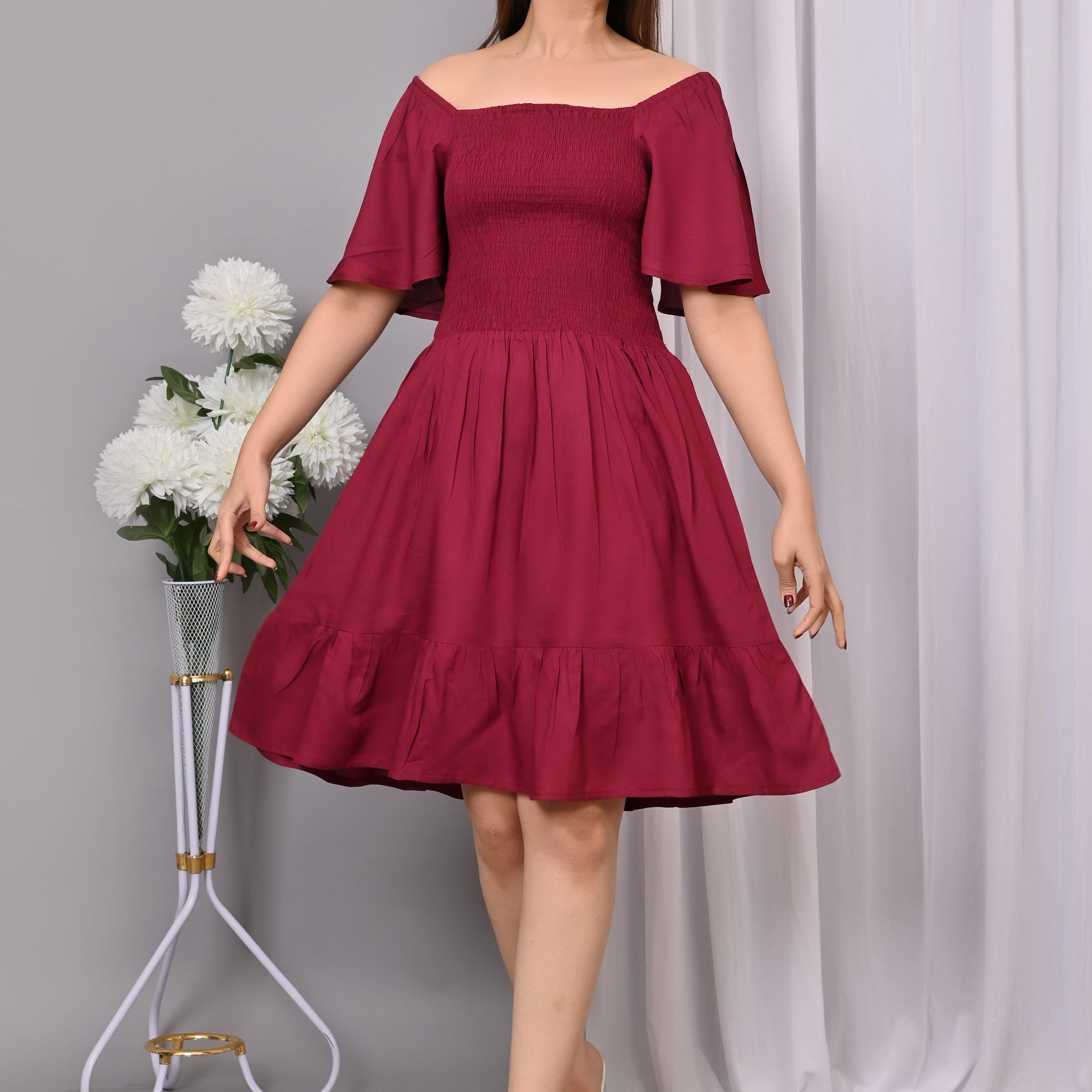 Elegant Off-Shoulder Smocked Dress – Chic & Flowy Midi