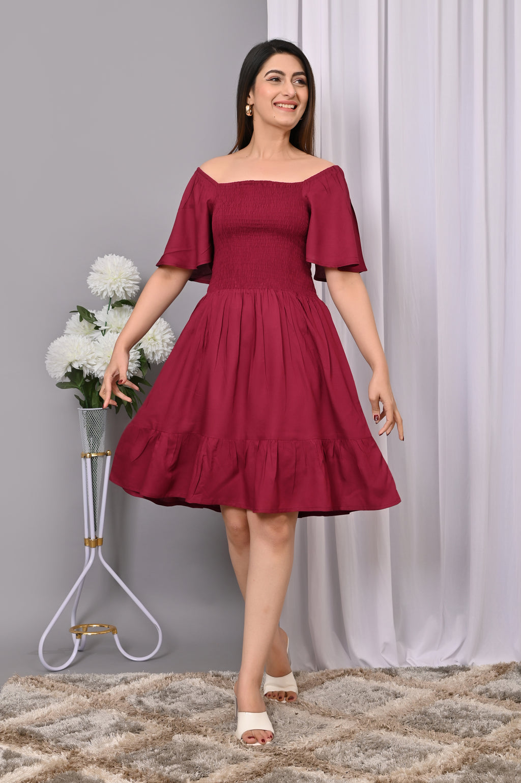 Elegant Off-Shoulder Smocked Dress – Chic & Flowy Midi