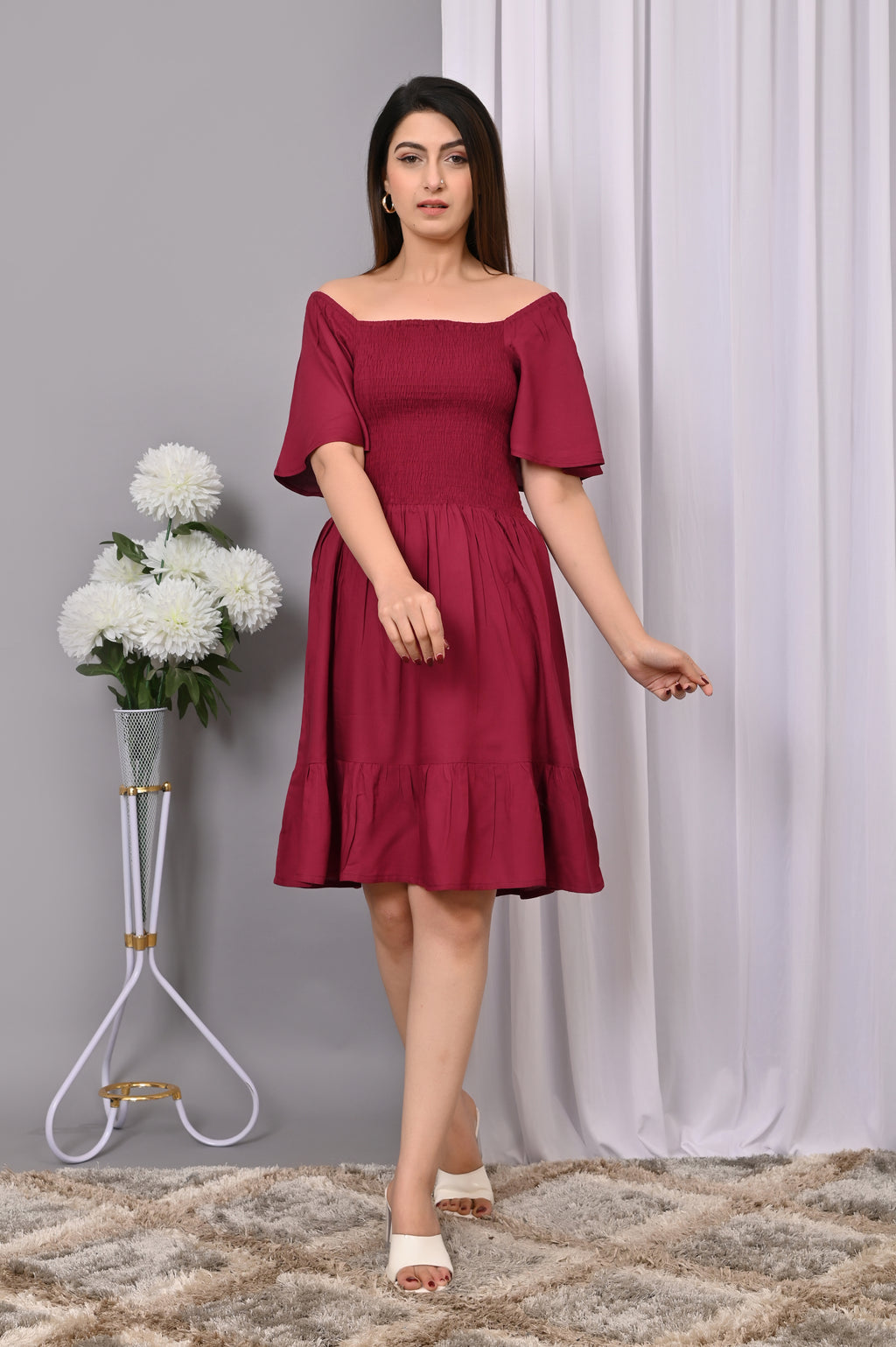 Elegant Off-Shoulder Smocked Dress – Chic & Flowy Midi