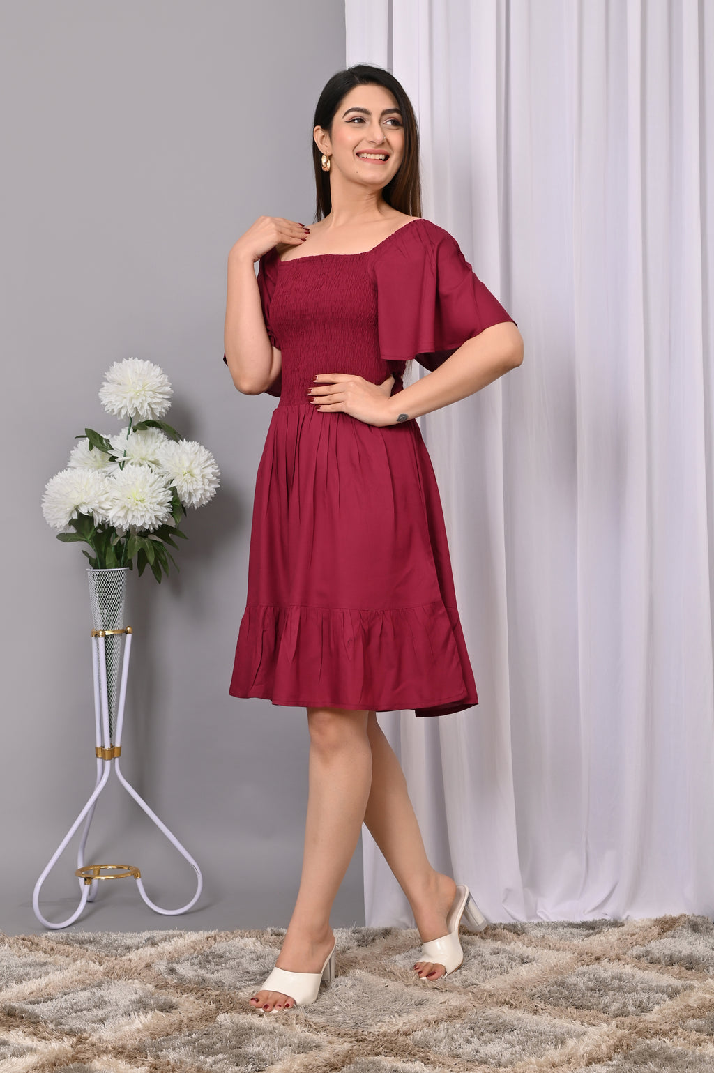 Elegant Off-Shoulder Smocked Dress – Chic & Flowy Midi