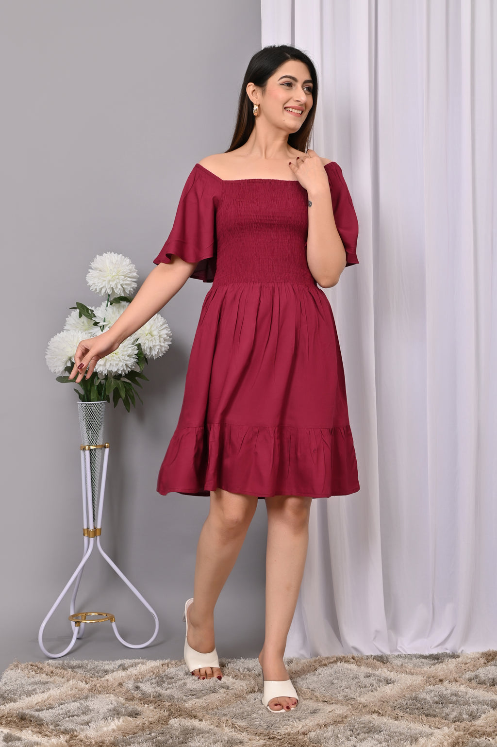 Elegant Off-Shoulder Smocked Dress – Chic & Flowy Midi
