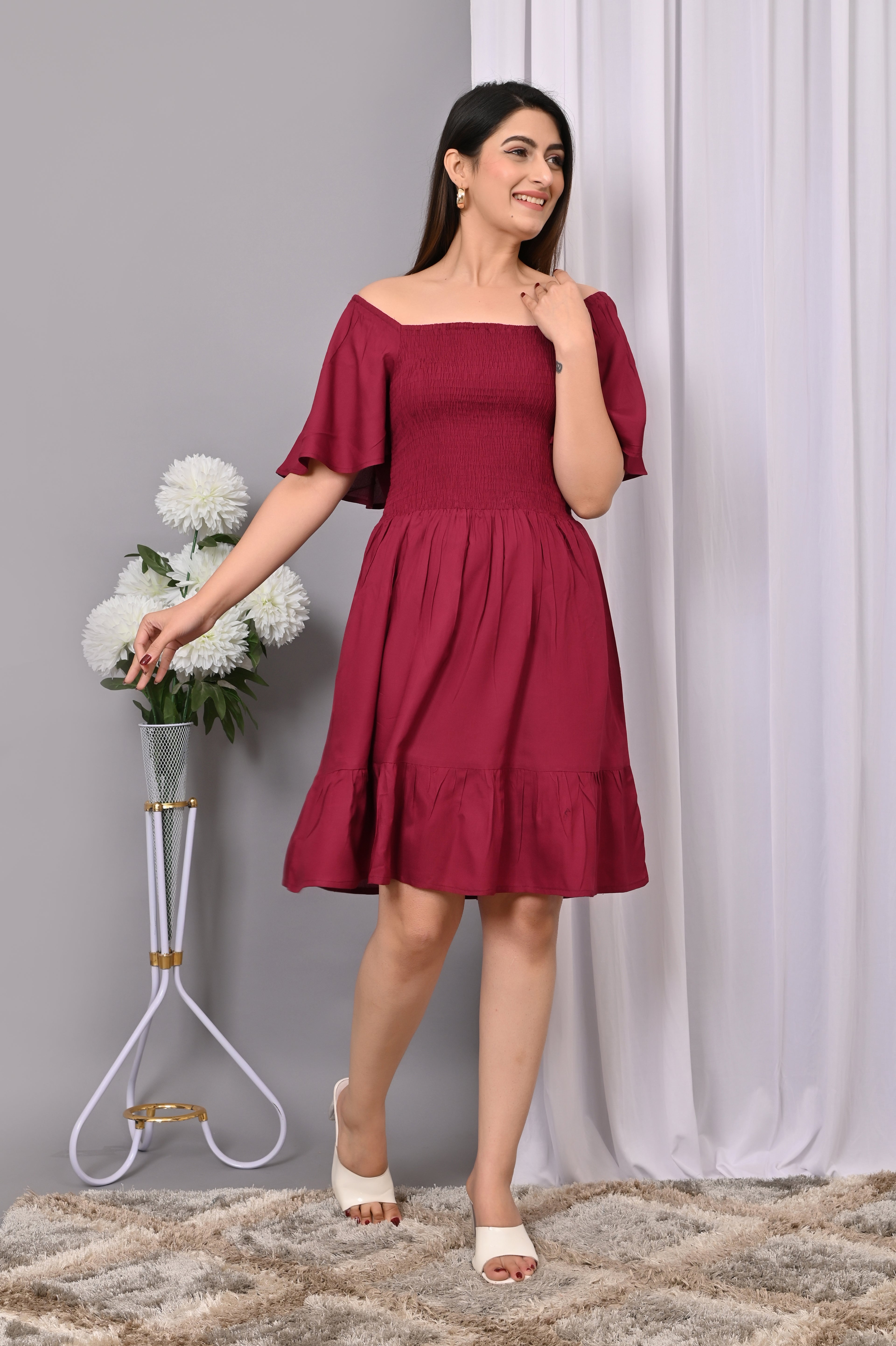 Elegant Off-Shoulder Smocked Dress – Chic & Flowy Midi