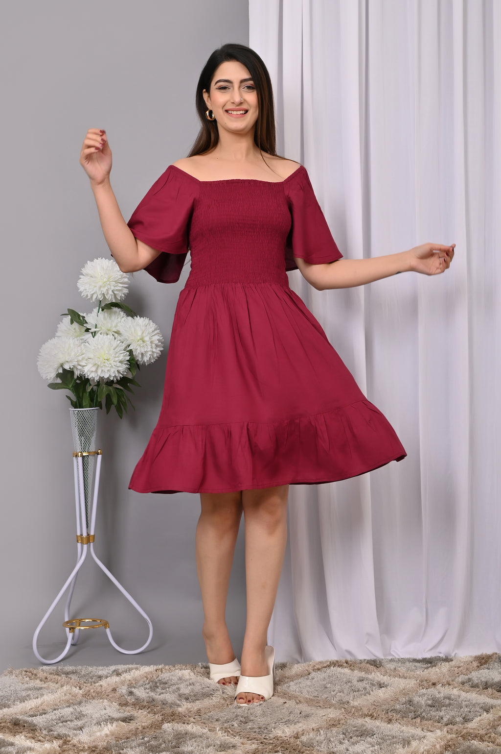Elegant Off-Shoulder Smocked Dress – Chic & Flowy Midi