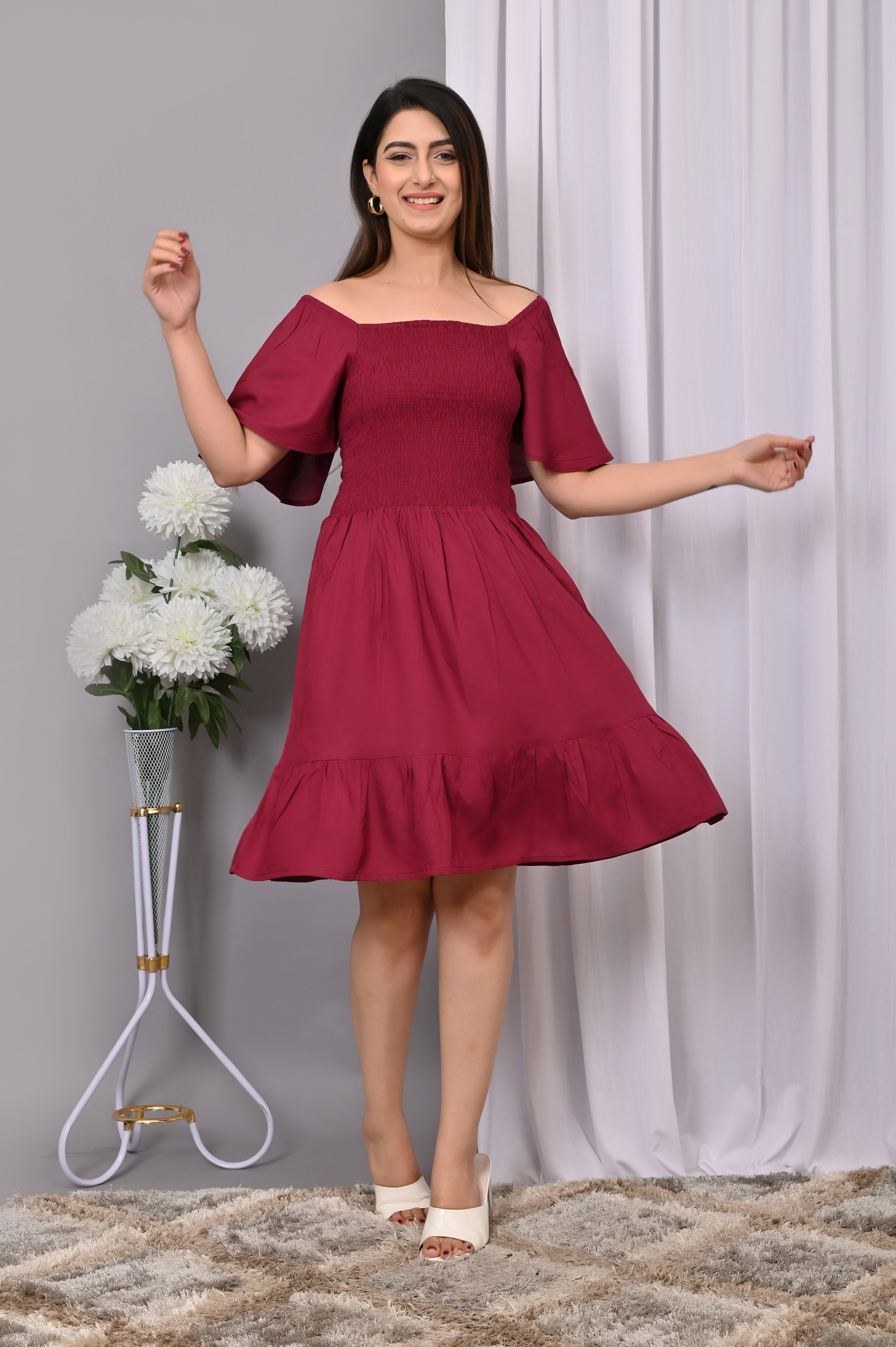 Elegant Off-Shoulder Smocked Dress – Chic & Flowy Midi