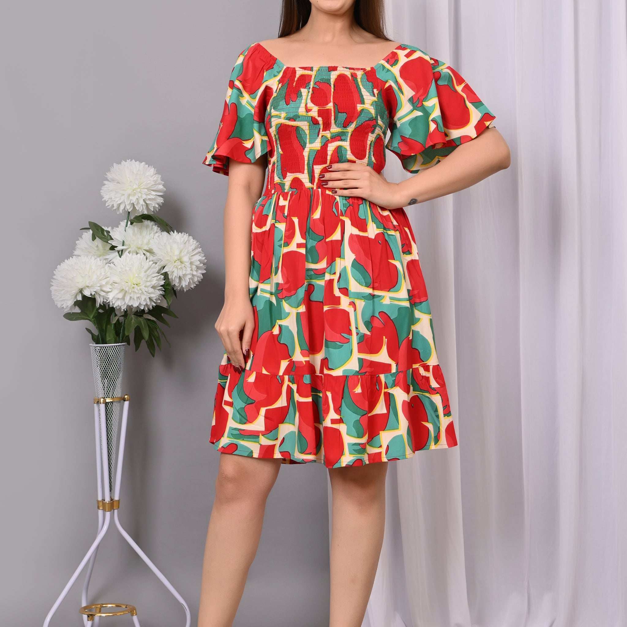 Vibrant Printed Off-Shoulder Dress – Summer Casual Wear