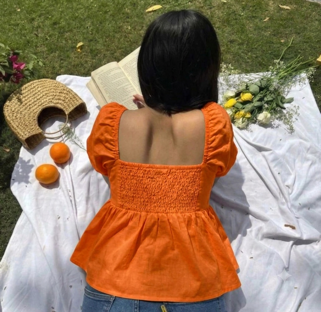 IQRRAR Casual Puff Sleeves Self Design Women Orange Cotton Top