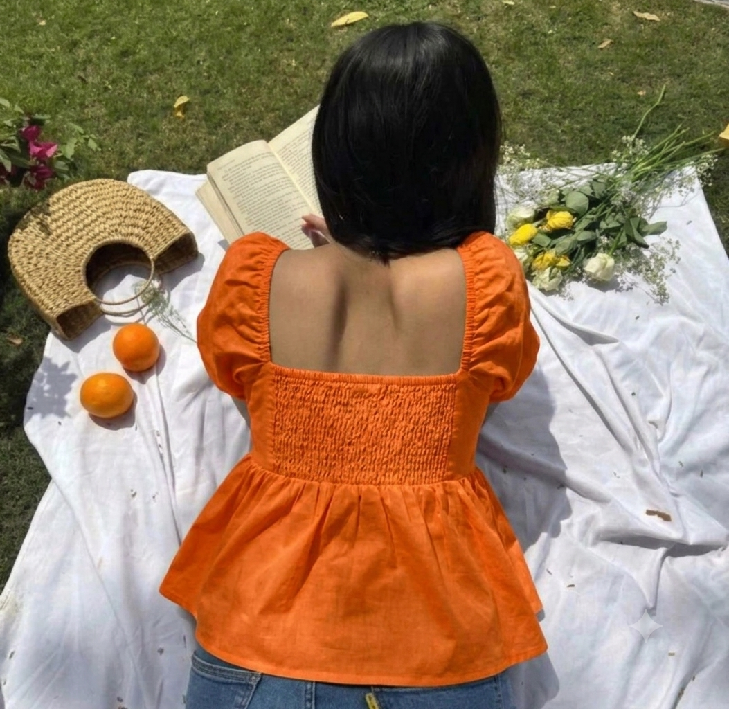 IQRRAR Casual Puff Sleeves Self Design Women Orange Cotton Top