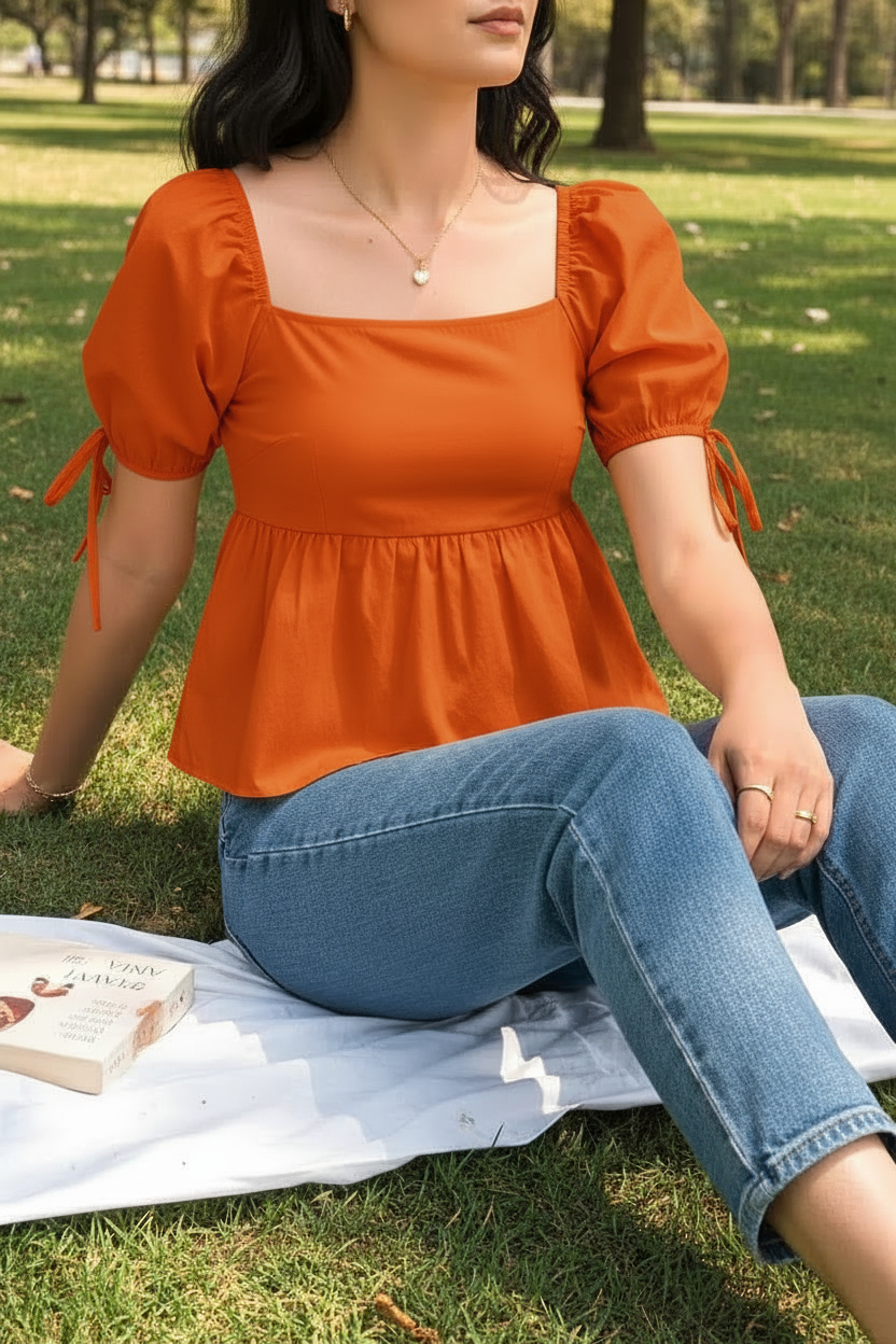 IQRRAR Casual Puff Sleeves Self Design Women Orange Cotton Top