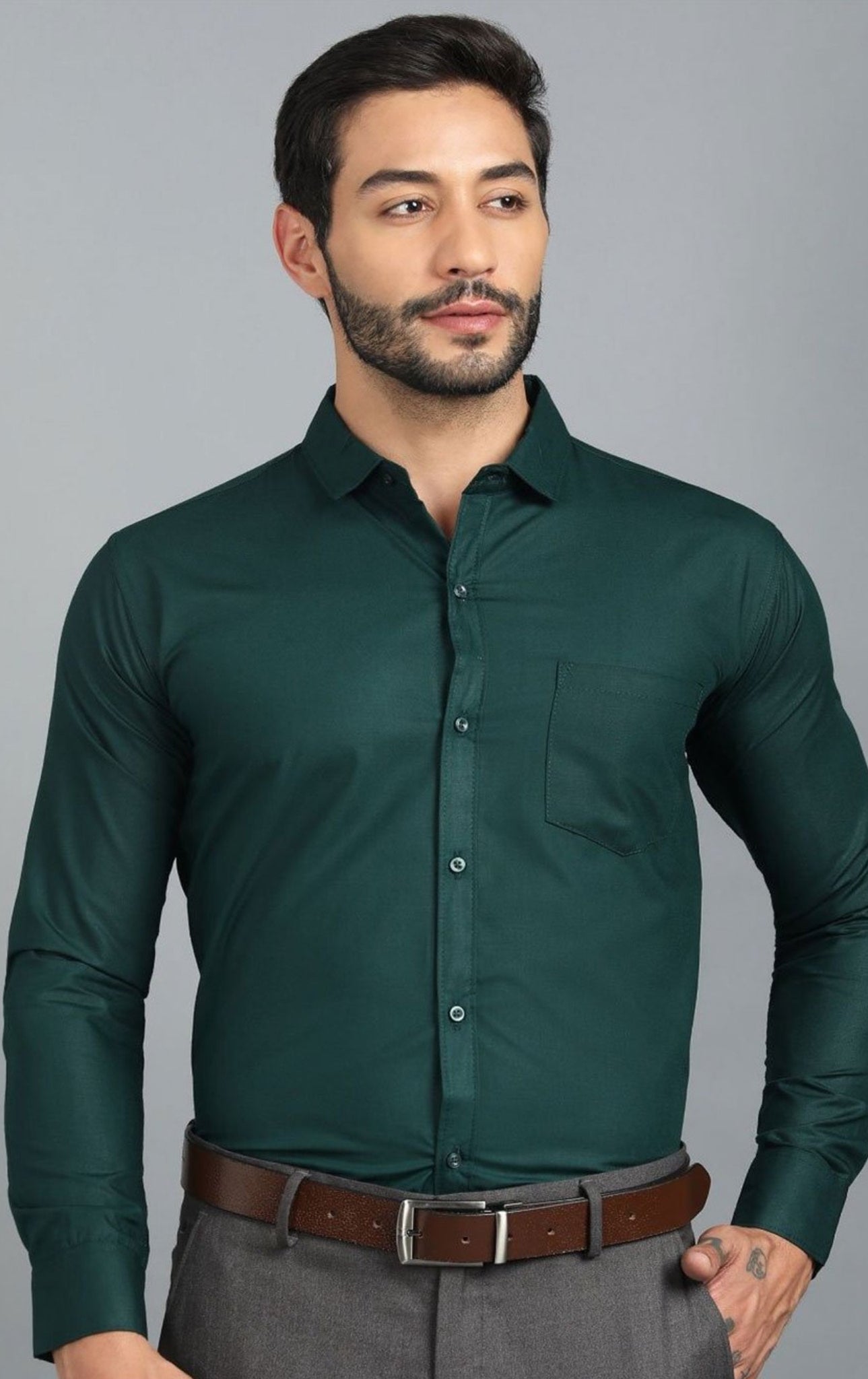 IQRAAR Men Classic Slim Fit Casual Shirt Darkgreen