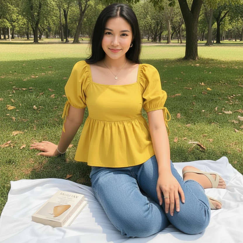 A woman modeling a pale yellow puff-sleeve blouse with a square neckline and tie details at the sleeves, paired with blue jeans, against a solid light gray background.