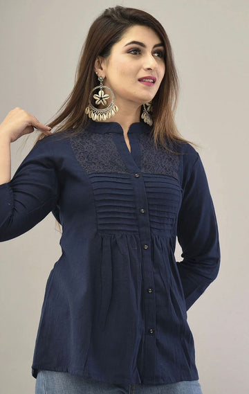 IQRAAR Embellished Mandarin Collar Top Dark-Blue