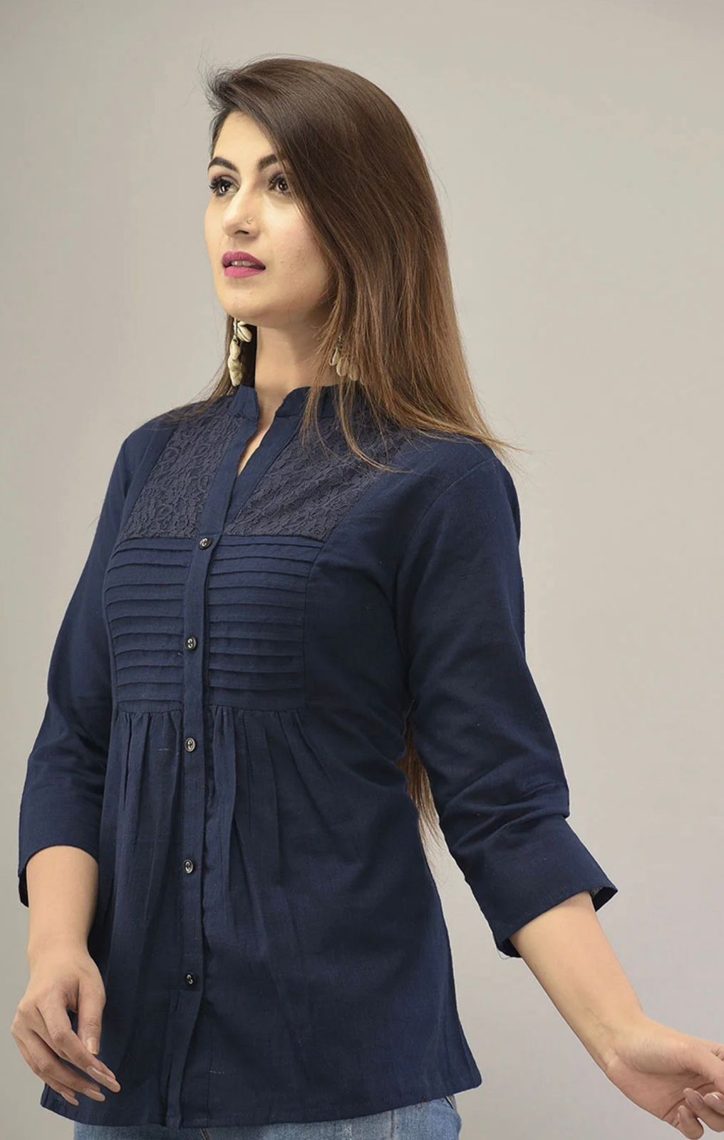 IQRAAR Embellished Mandarin Collar Top Dark-Blue