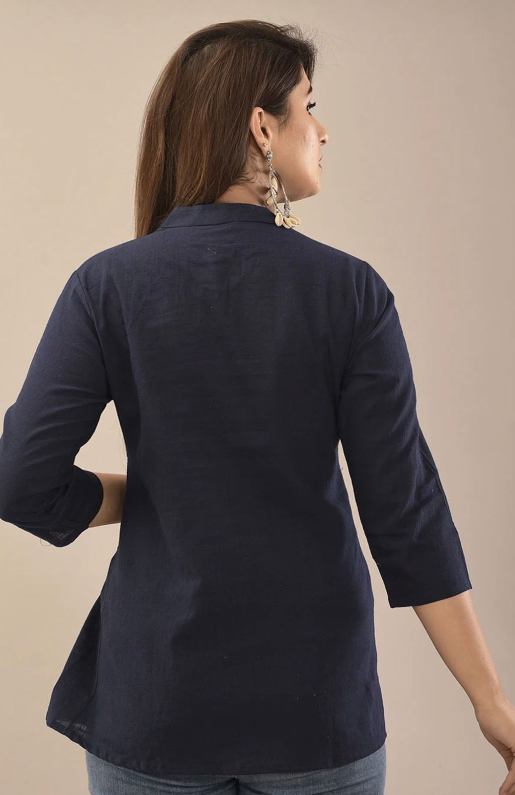 IQRAAR Embellished Mandarin Collar Top Dark-Blue