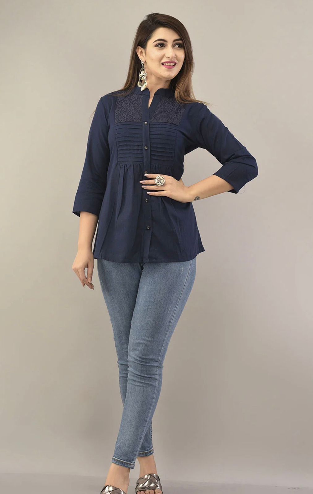 IQRAAR Embellished Mandarin Collar Top Dark-Blue