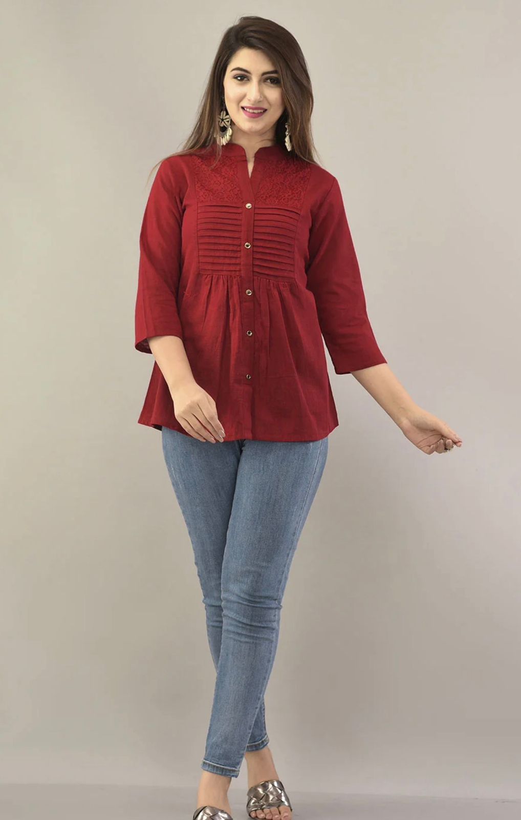 IQRAAR Embellished Mandarin Collar Top Marron