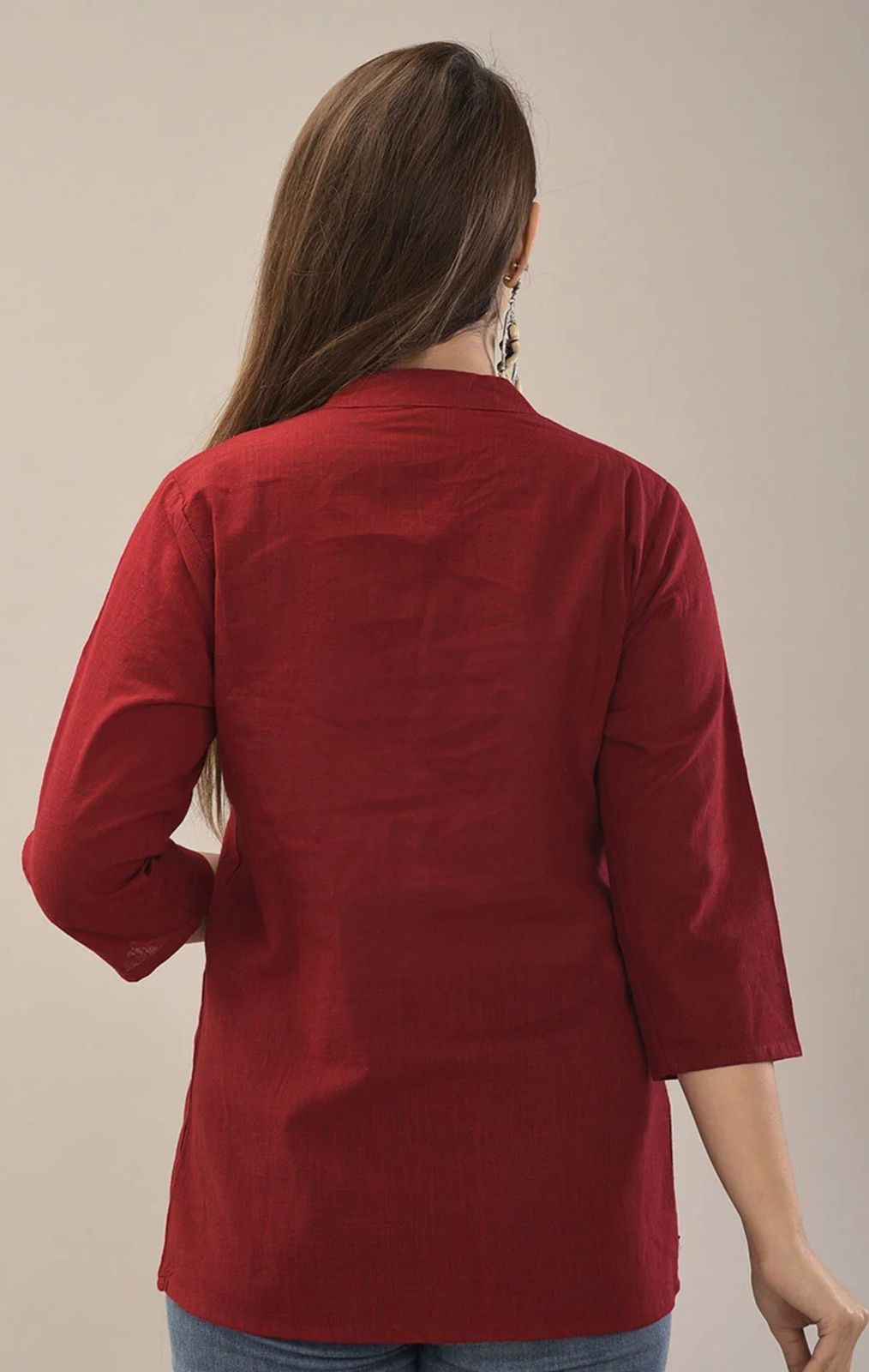 IQRAAR Embellished Mandarin Collar Top Marron