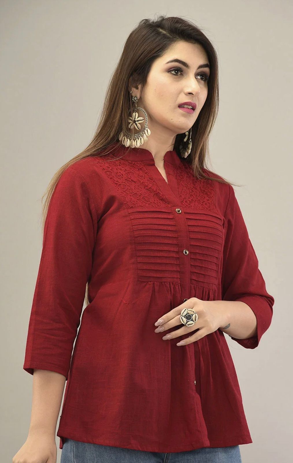IQRAAR Embellished Mandarin Collar Top Marron