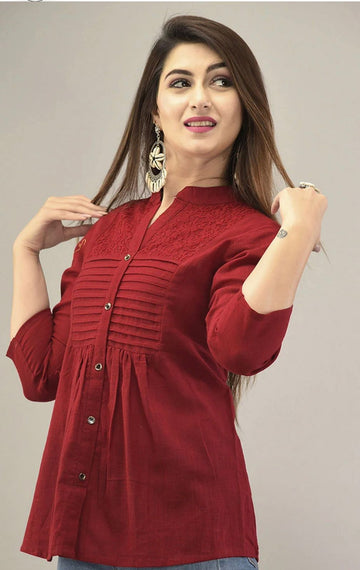 IQRAAR Embellished Mandarin Collar Top Marron