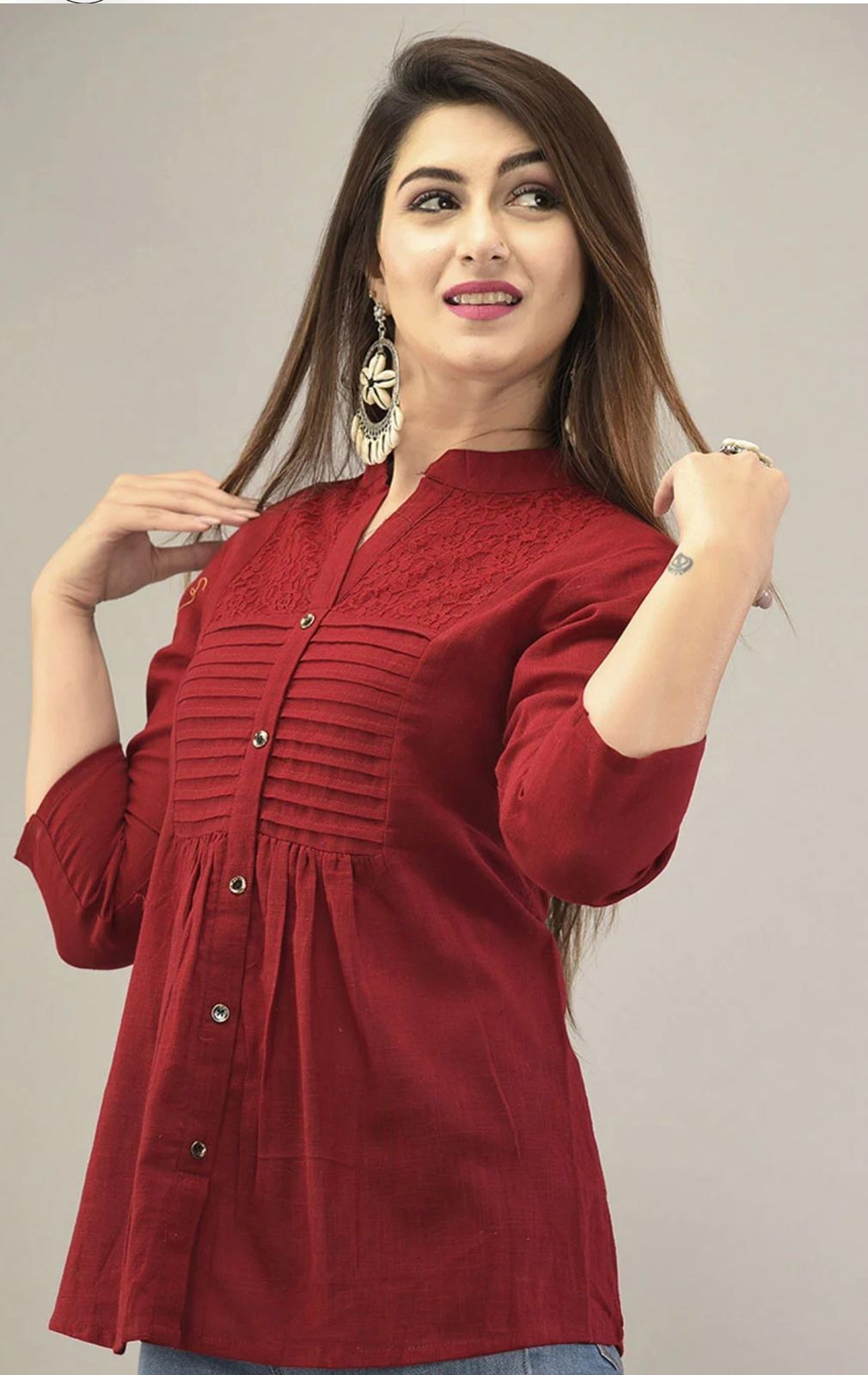 IQRAAR Embellished Mandarin Collar Top Marron