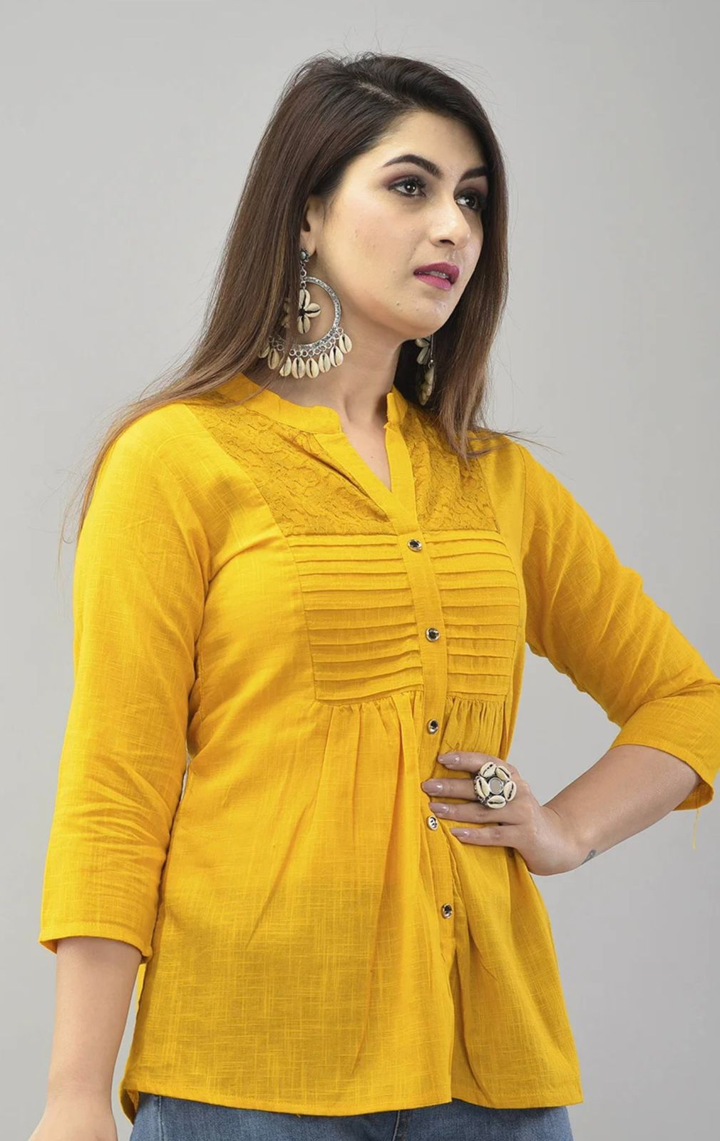 IQRAAR Embellished Mandarin Collar Top Mustard