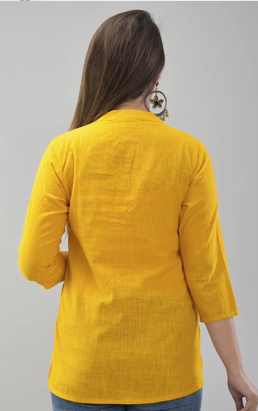 IQRAAR Embellished Mandarin Collar Top Mustard