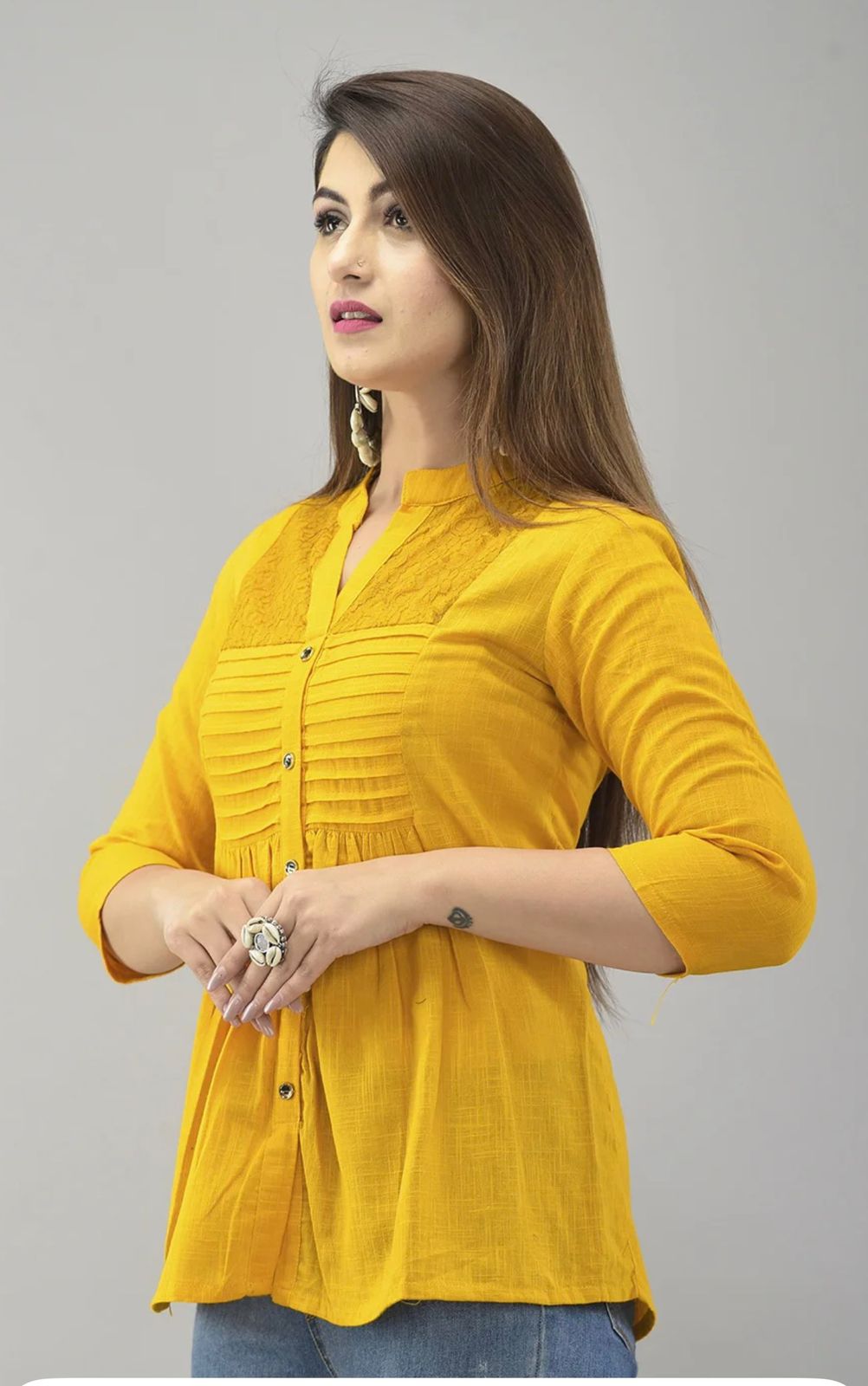 IQRAAR Embellished Mandarin Collar Top Mustard