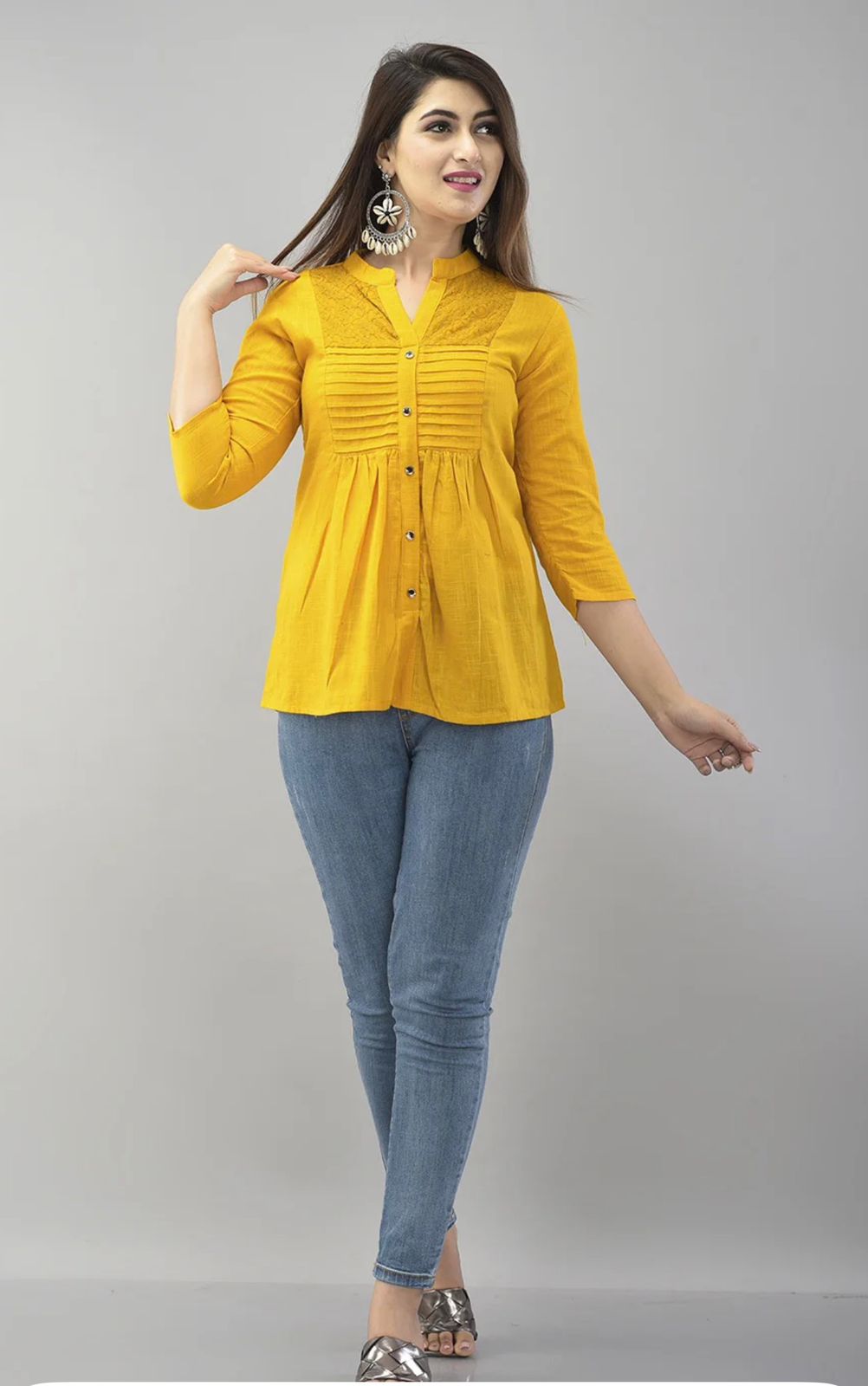 IQRAAR Embellished Mandarin Collar Top Mustard
