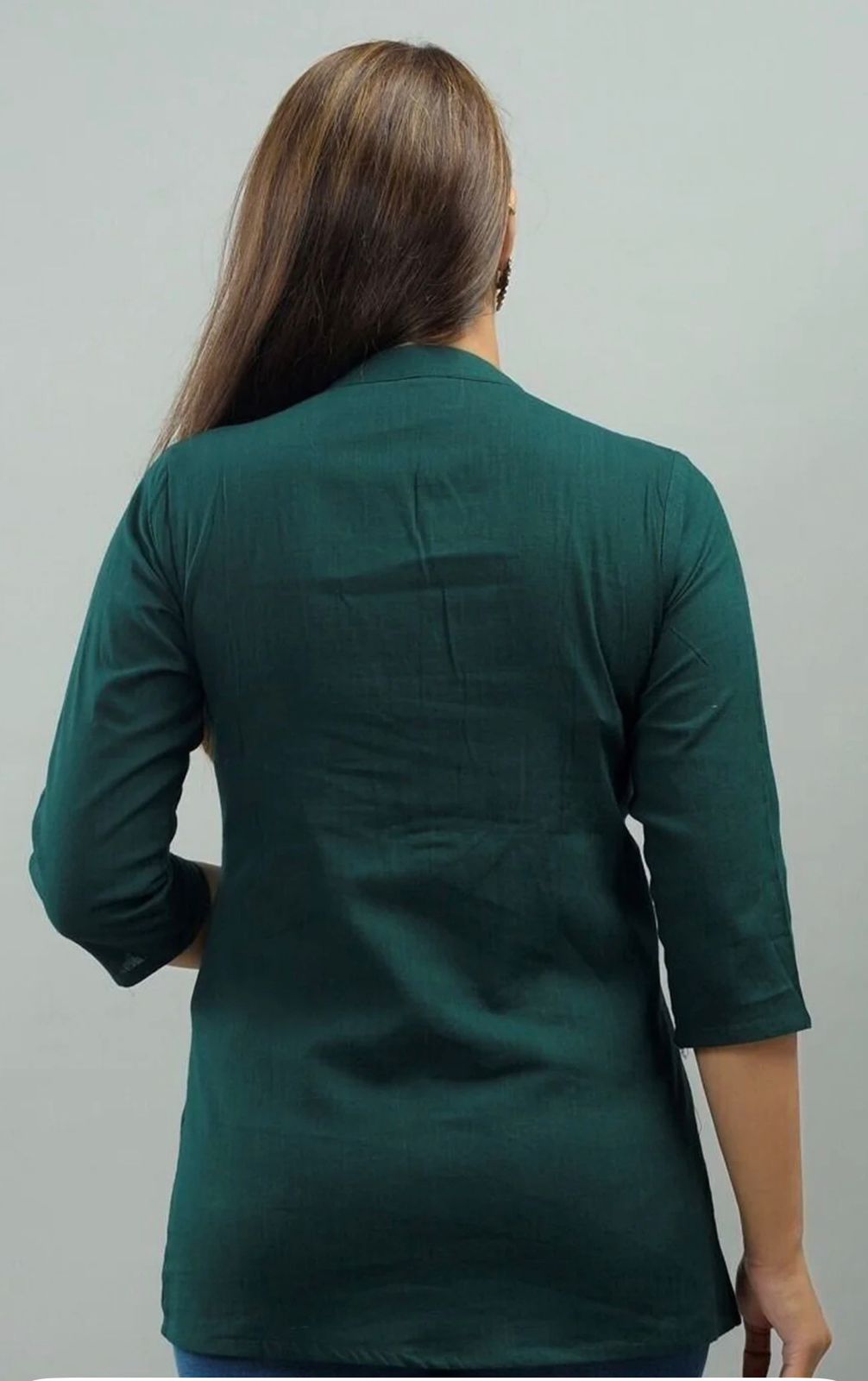 IQRAAR Embellished Mandarin Collar Top Dark-Green