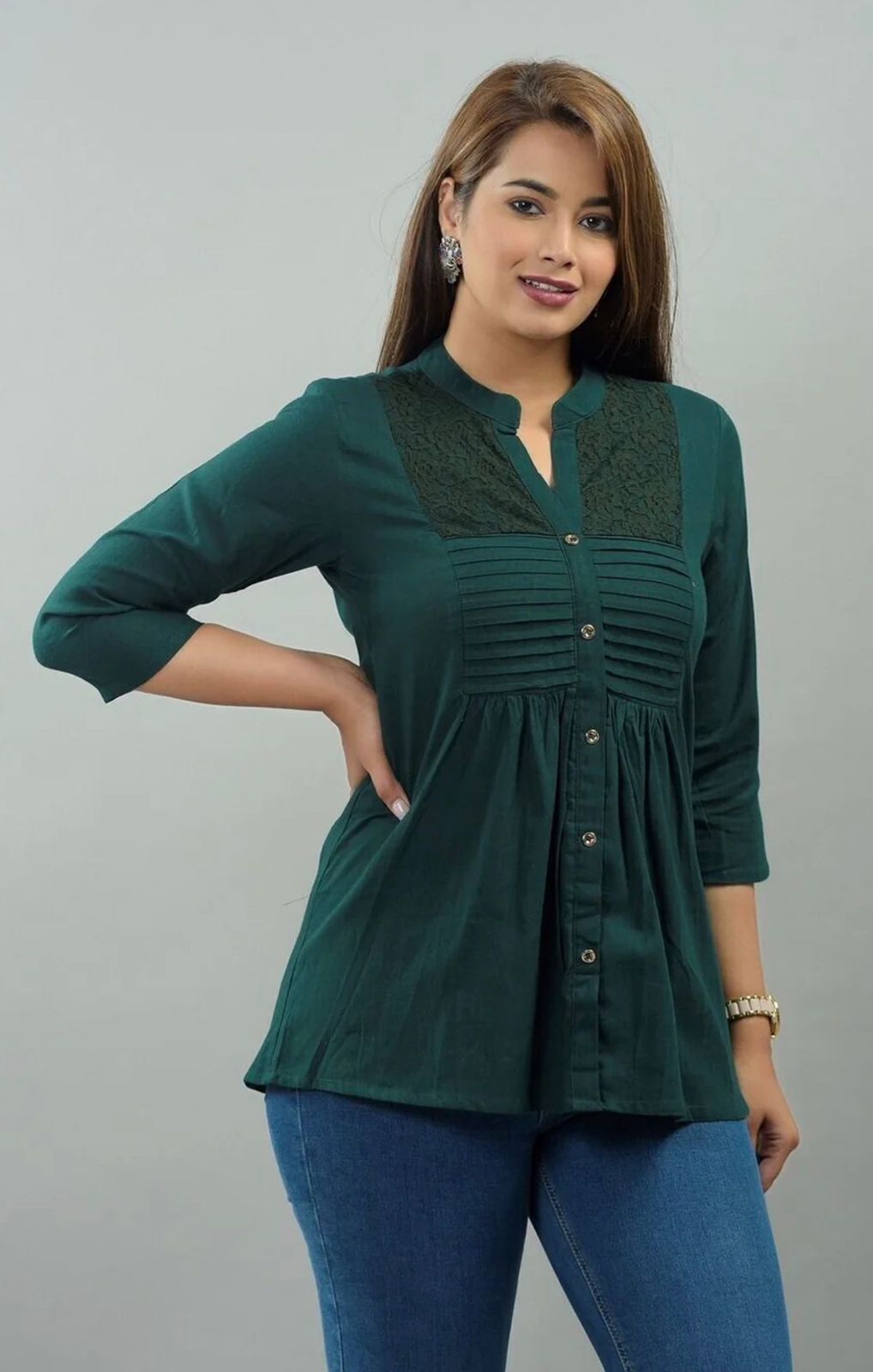 IQRAAR Embellished Mandarin Collar Top Dark-Green