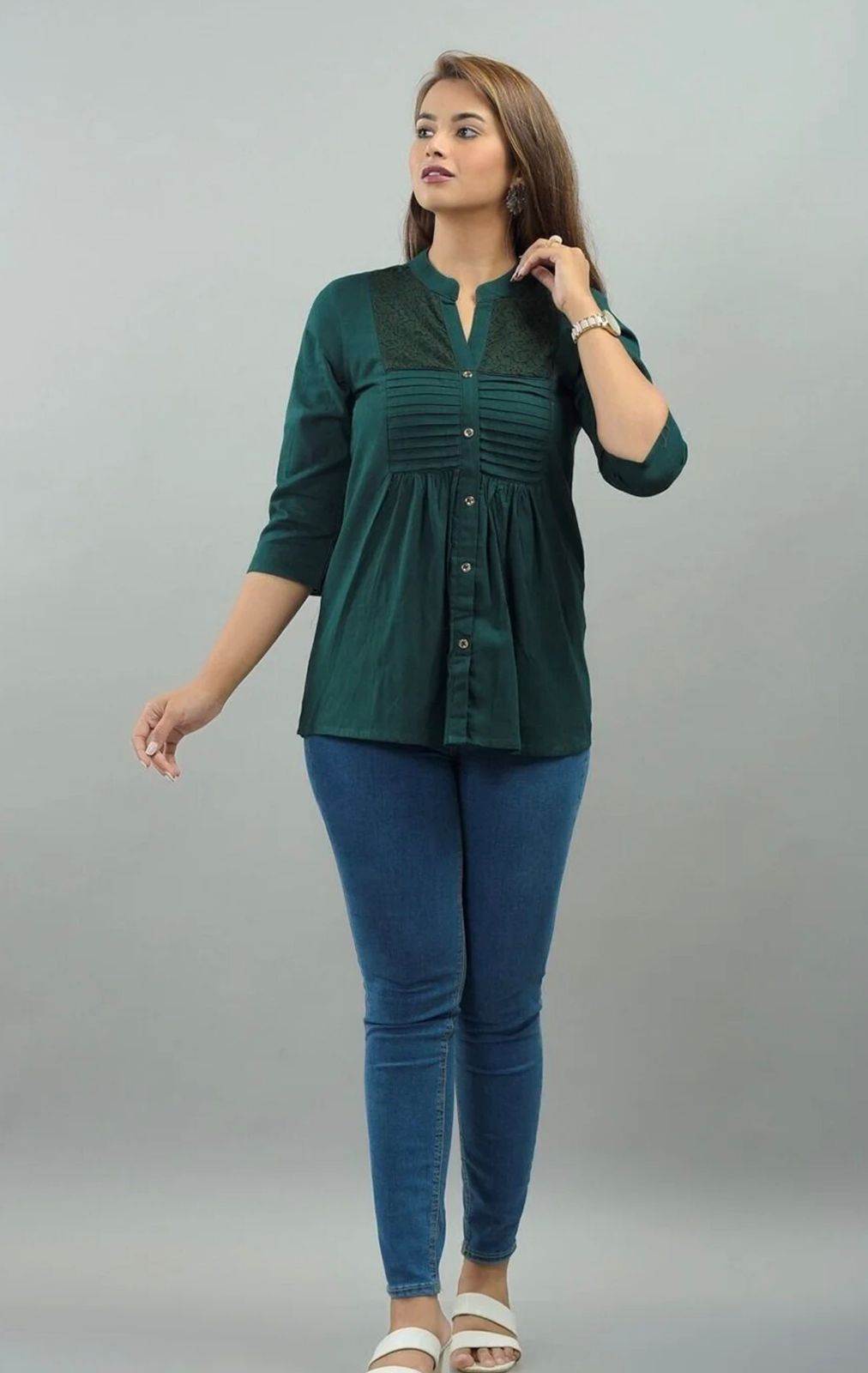 IQRAAR Embellished Mandarin Collar Top Dark-Green