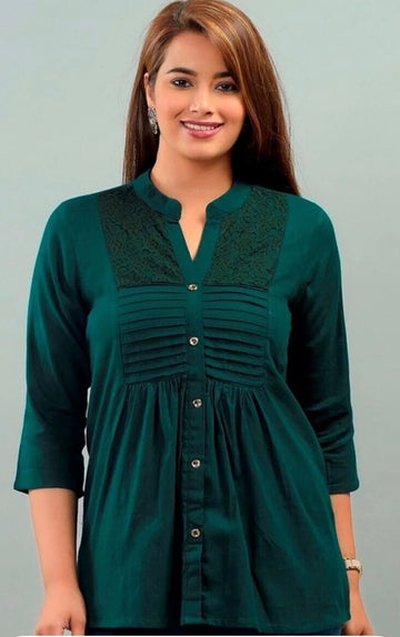 IQRAAR Embellished Mandarin Collar Top Dark-Green