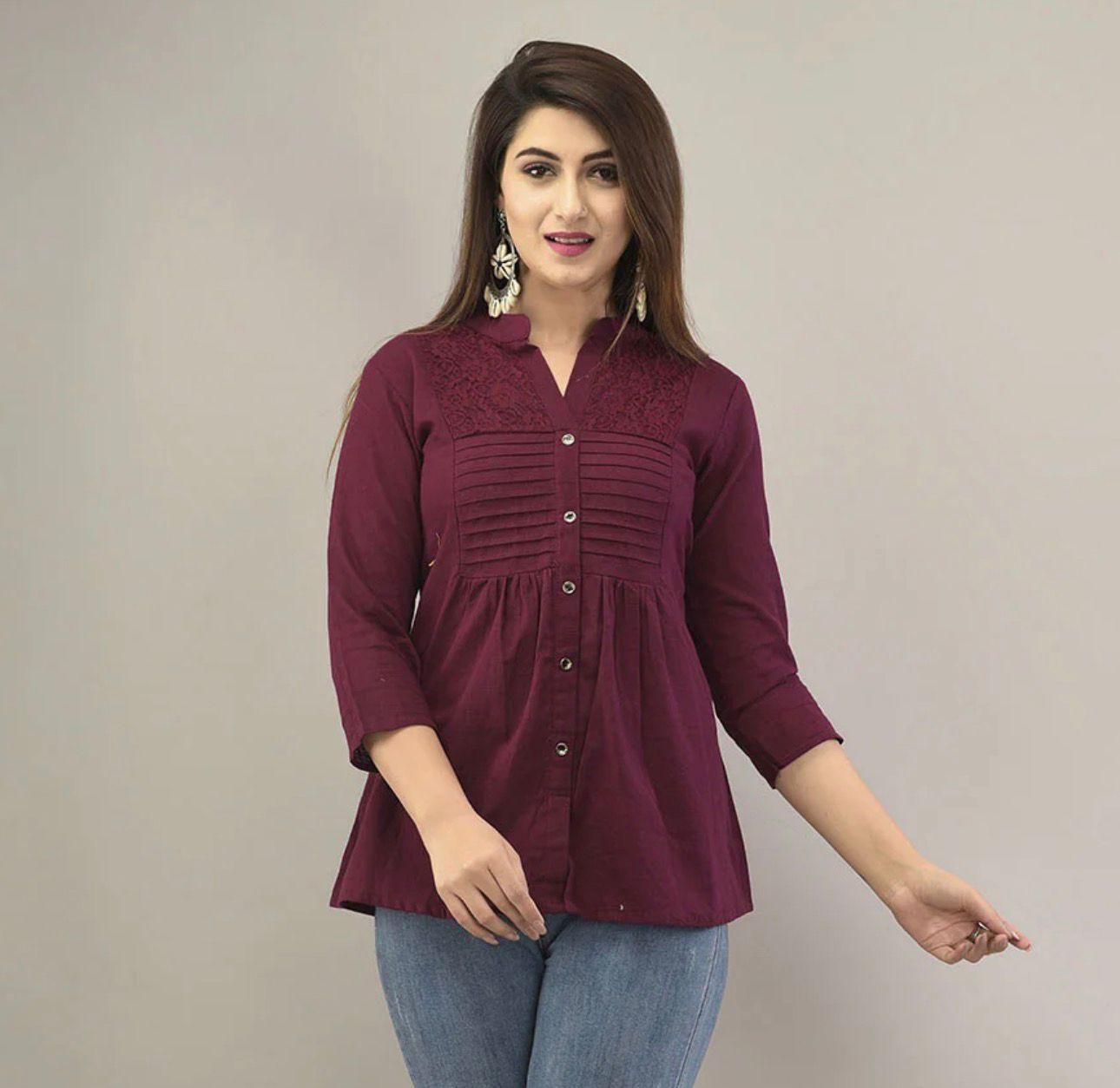 IQRAAR Embellished Mandarin Collar Top Wine