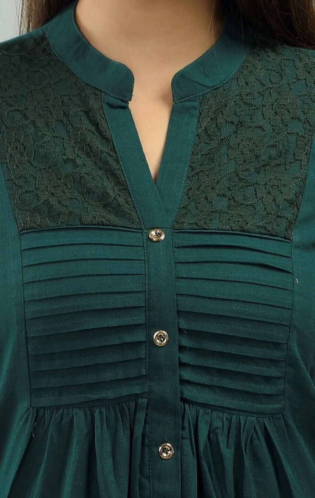 IQRAAR Embellished Mandarin Collar Top Dark-Green