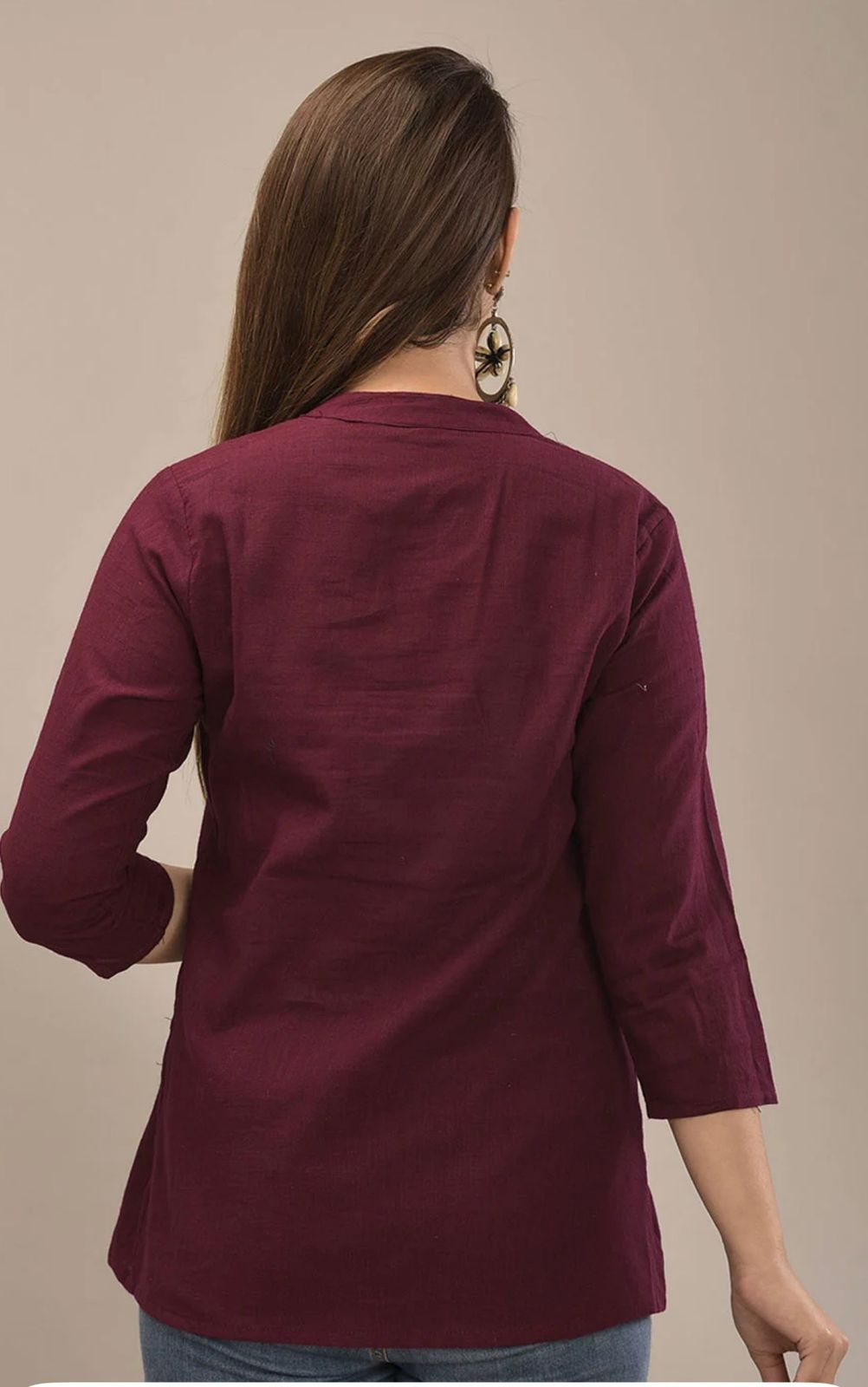IQRAAR Embellished Mandarin Collar Top Wine