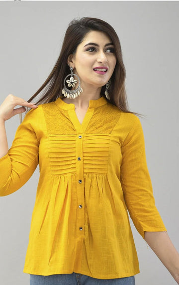 IQRAAR Embellished Mandarin Collar Top Mustard
