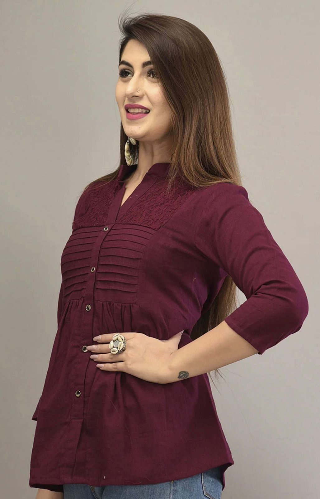 IQRAAR Embellished Mandarin Collar Top Wine