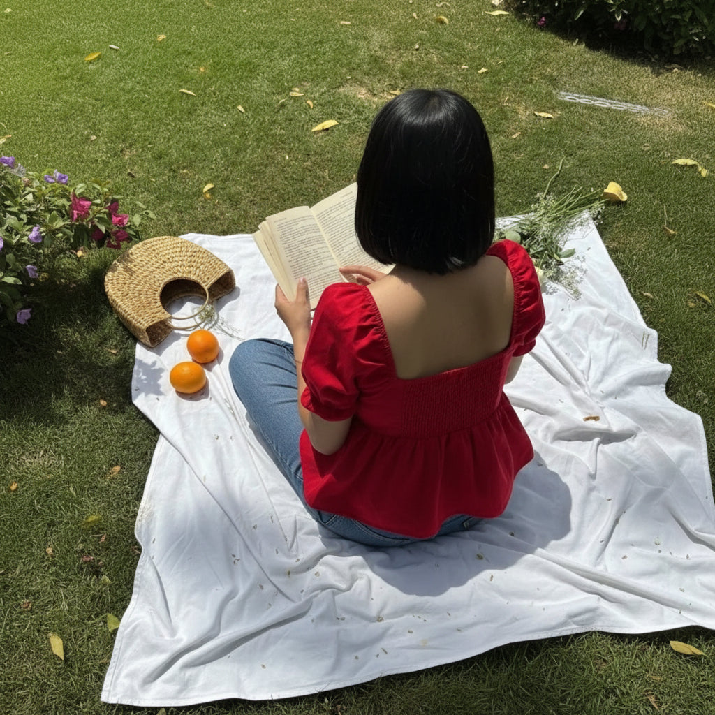 A woman viewed from behind sits on a white blanket on a grassy lawn, wearing a bright red puff-sleeve top with a smocked back and peplum hem. She is holding an open book, with a woven hat, two oranges, and a small bouquet of yellow and white flowers nearby.