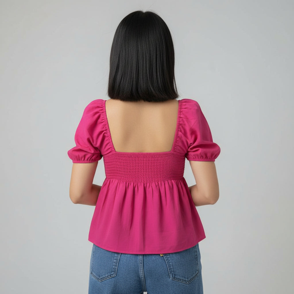 IQRRAR Casual Puff Sleeves Self Design Women FUCHSIA PINK  Cotton Top