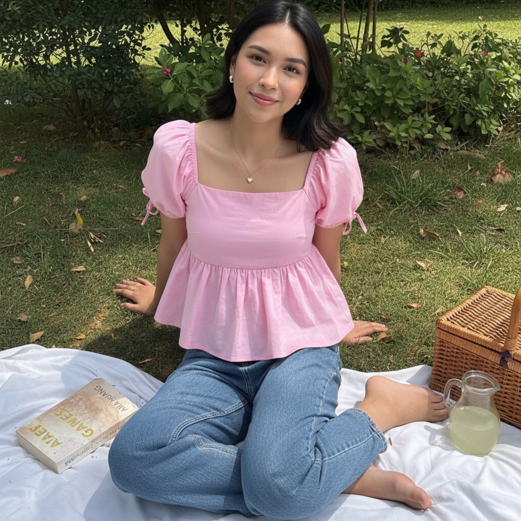 IQRRAR Casual Puff Sleeves Self Design Women Baby Pink Cotton Top