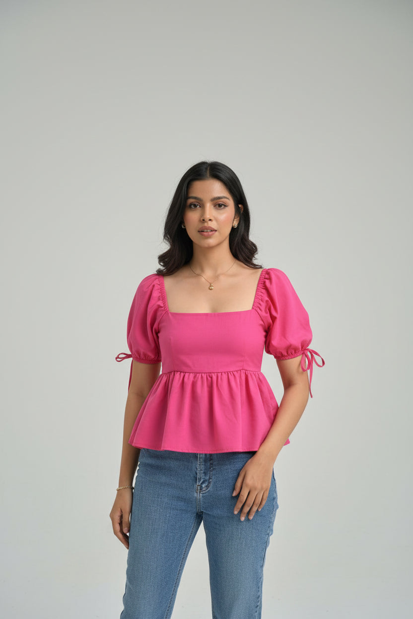 IQRRAR Casual Puff Sleeves Self Design Women FUCHSIA PINK  Cotton Top
