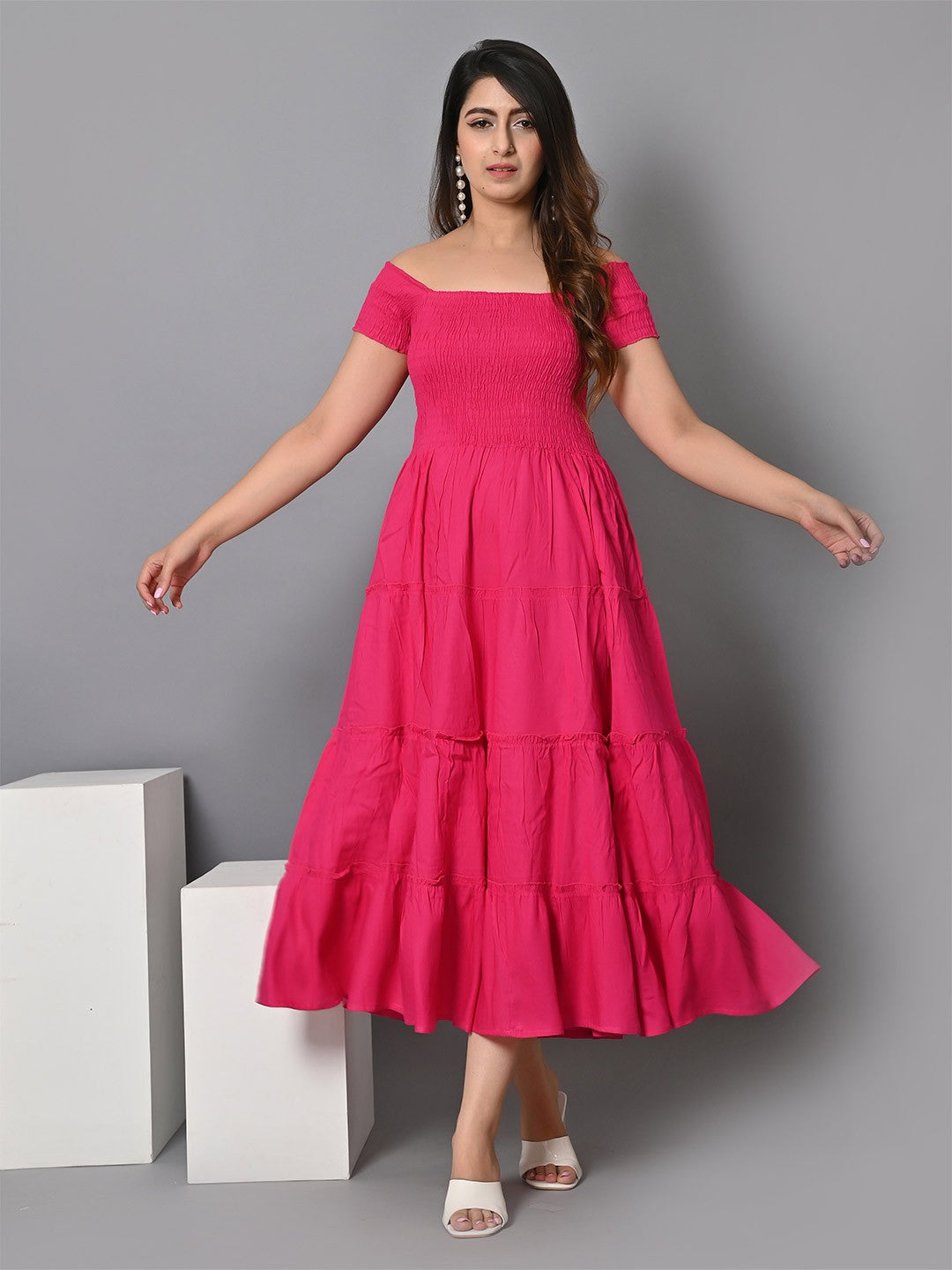 Off Shoulder Smocked Tiered Fit & Flare Midi Dress