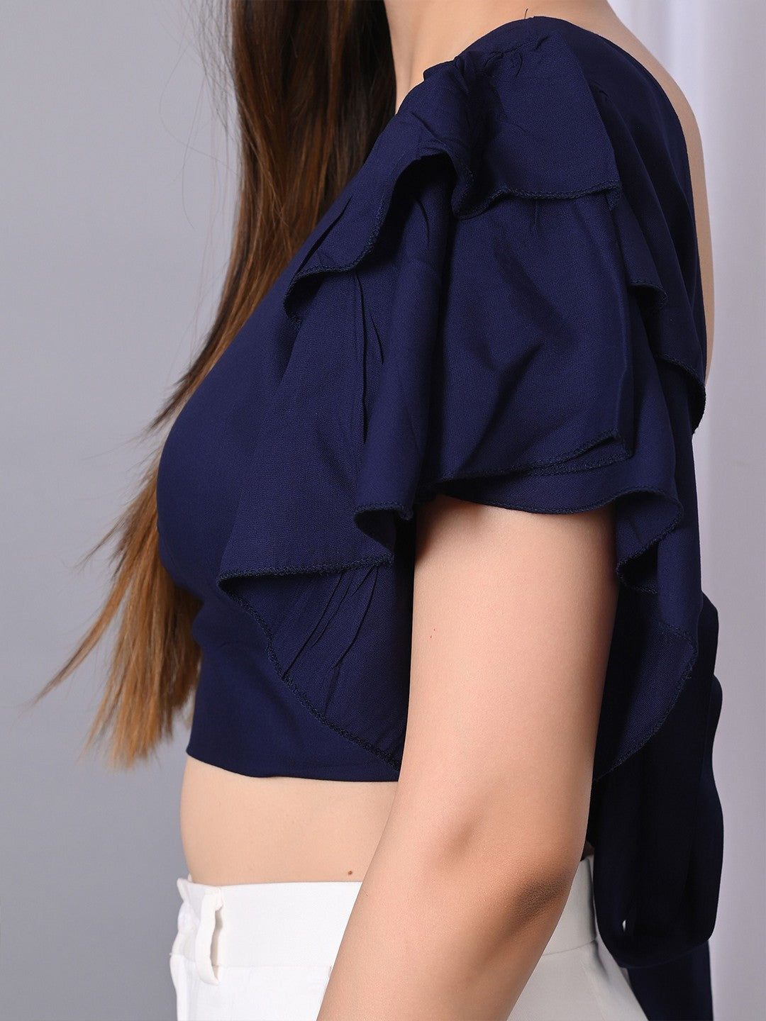 Flutter Women Solid Flutter Sleeve Ruffles Crop Top
