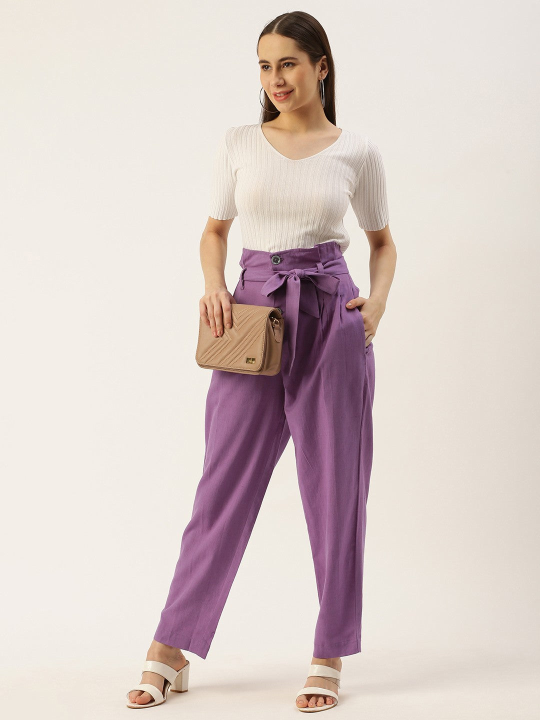 High-Rise Pleated Trousers With Waist Tie-Ups Detail