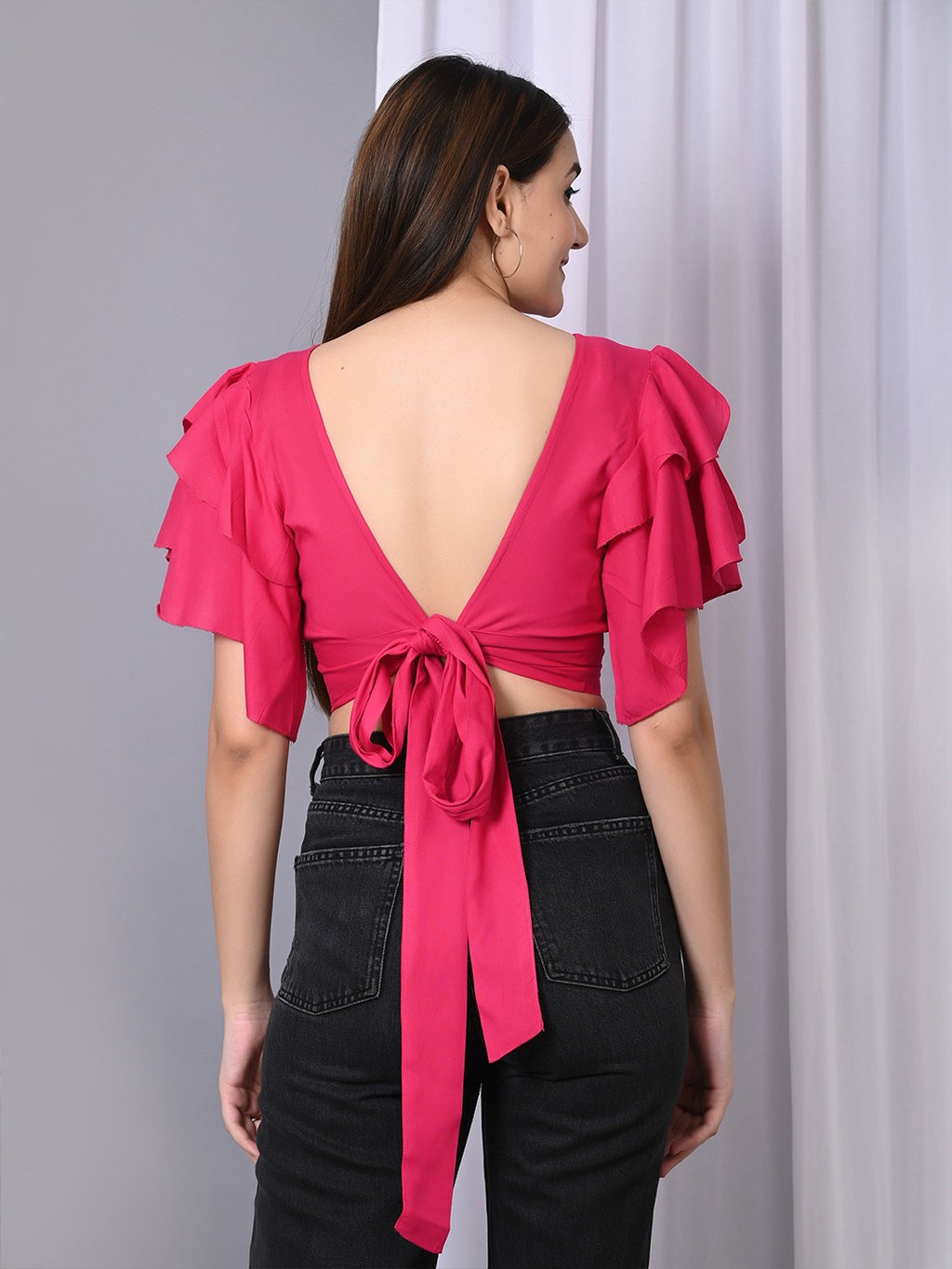 Flutter Women Solid Flutter Sleeve Ruffles Crop Top