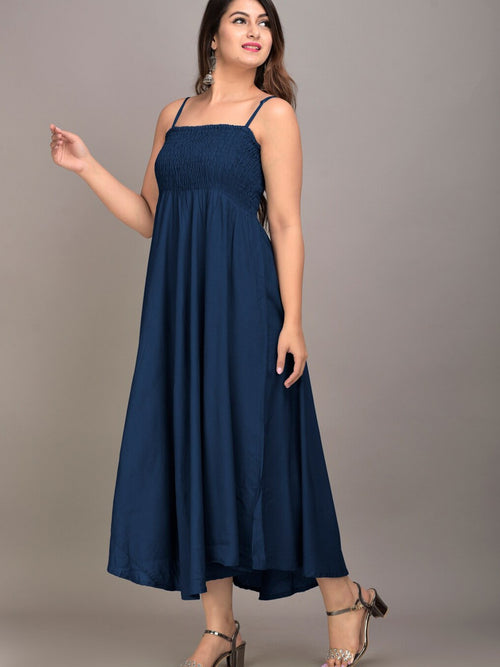 Blue Solid Smocked Maxi Dress