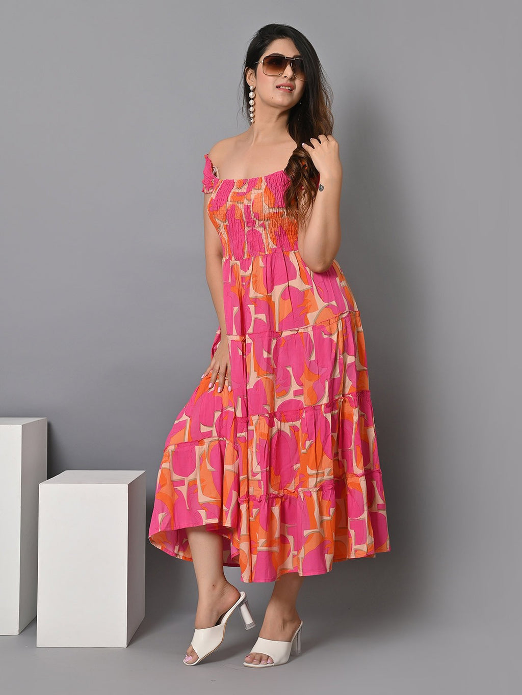 Geometric Printed Square Neck A-Line Dress