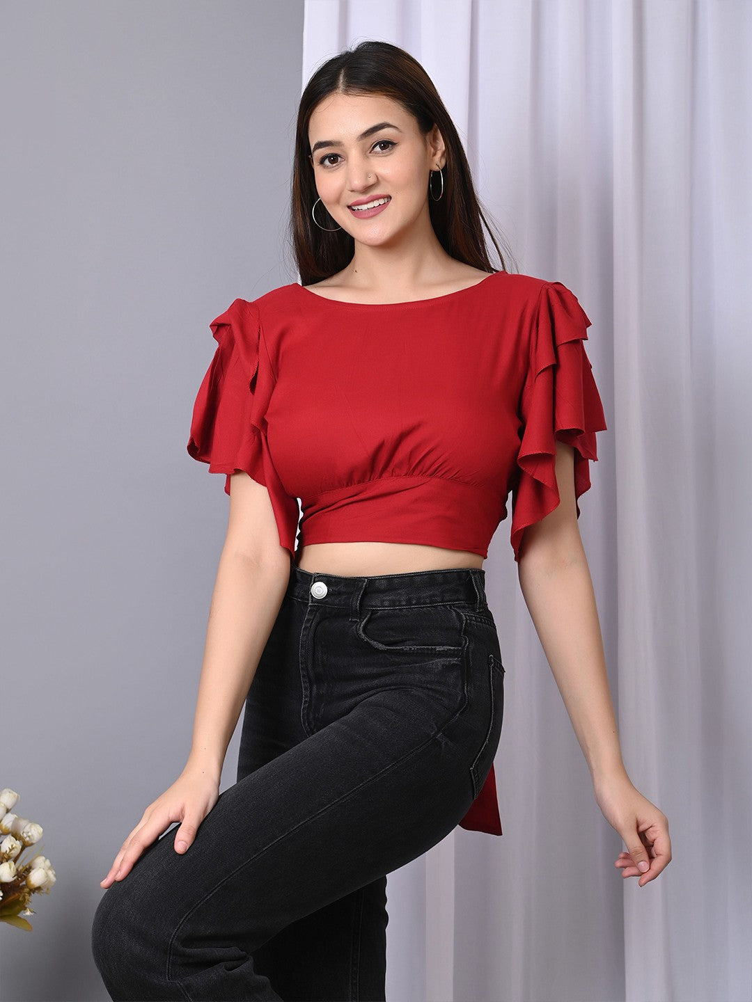 Boat Neck Flared Sleeve Ruffles Crop Top