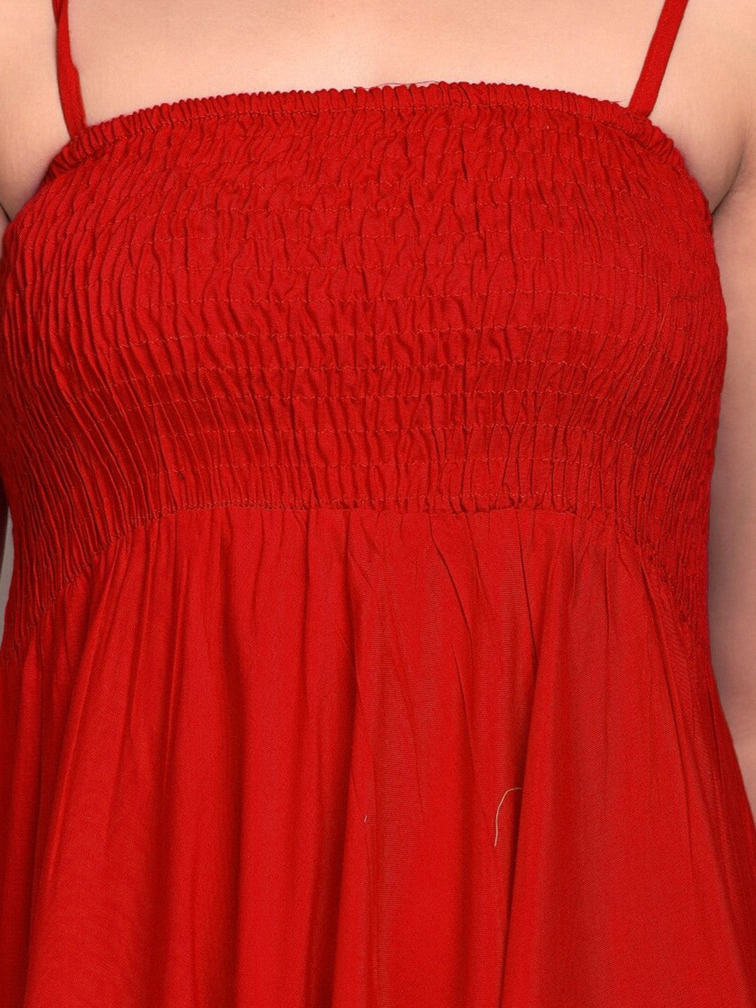 Red Solid Smocked Maxi Dress