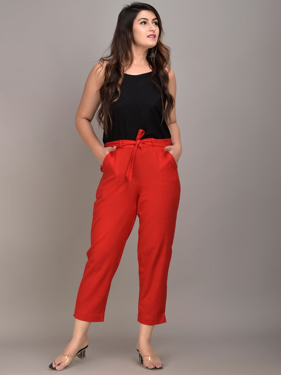 Women Red Slim Fit Trousers